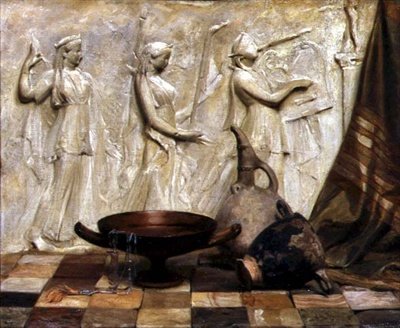 Um Skyphos, um Kylix, um Wine Jug e um colar egípcio por um friso grego (óleo sobre tela) de Arthur Hacker