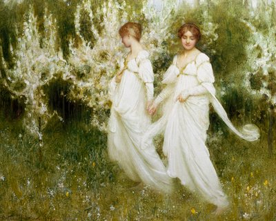 "Inocência" Duas mulheres vestidas de branco, simbolizando a inocência e a pureza, passeiam num jardim. Pintura de Arthur Hacker (1858-1919) (pré-rafaelita) Coleção particular de Arthur Hacker