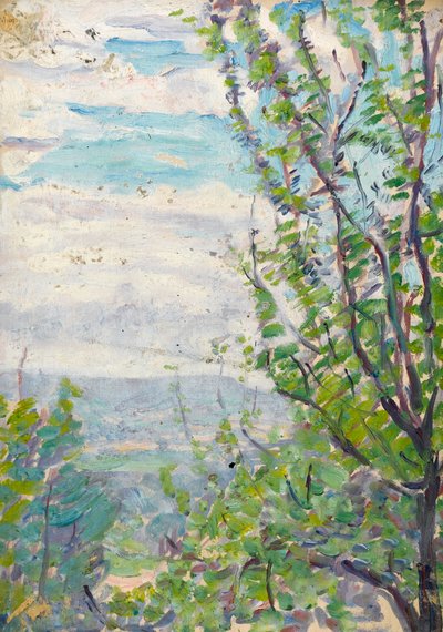 Céu azul e nuvens com galhos de árvores frutíferas à tona de Arthur Haythorne Studd