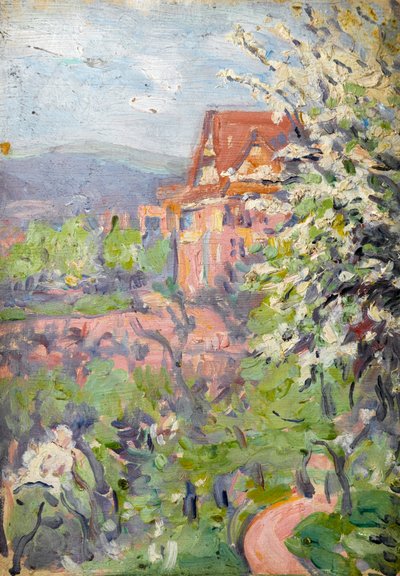 Casa com árvore de flor de primavera em primeiro plano de Arthur Haythorne Studd