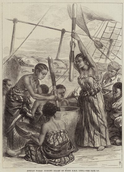Mulheres africanas descascando painço a bordo do HMS Lynx de Arthur Hopkins