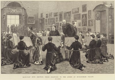 Blue-Coat Boys mostrando seus desenhos para a rainha no Palácio de Buckingham de Arthur Hopkins