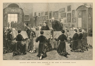 Blue Coat Boys mostrando seus desenhos para a rainha no Palácio de Buckingham de Arthur Hopkins
