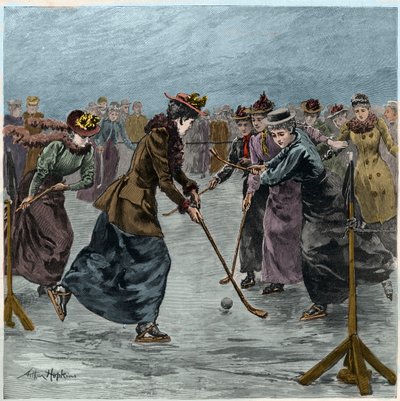 Hóquei no gelo: uma partida feminina no lago em Wimbledon Park. (coloração posterior). de Arthur Hopkins