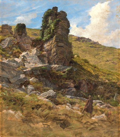Um afloramento rochoso (óleo no cartão) de Arthur Hughes