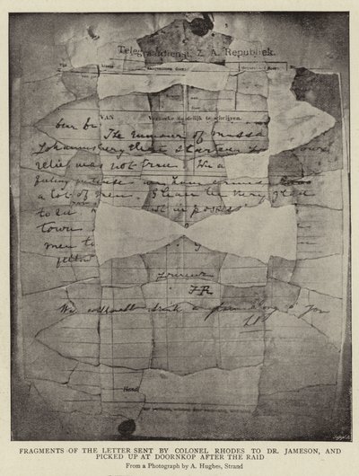 Fragmentos da carta enviada pelo coronel Rhodes ao dr. Jameson e recolhidos em Doornkop após o raid de Arthur Hughes