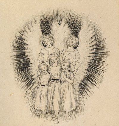 Três criancinhas na grande largura da Terra (caneta e tinta preta em papel branco) de Arthur Hughes