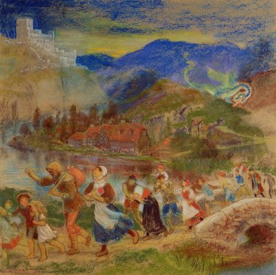 Aldeões fugindo de um dragão de Arthur Hughes