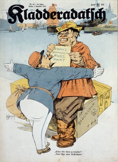 Caricatura alemã sobre os acordos franco-soviéticos (funcionário aduaneiro francês e marinheiro russo:" Tem alguma coisa a declarar Não! Só armas! (Contexto da Guerra de Espanha), "Kladderadatsch" 8/11/1936, il. por Arthur Johnson (1874-1954). de Arthur Johnson