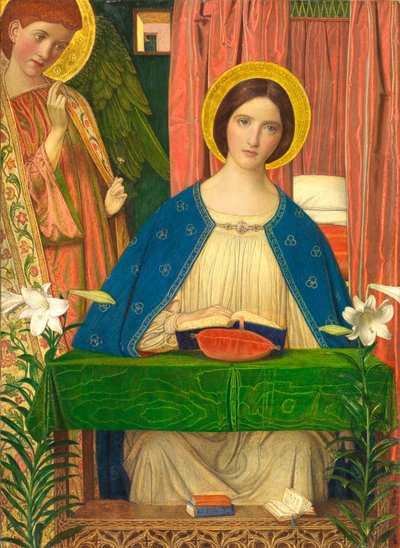 A Anunciação (têmpera com folha de ouro em gesso trabalhado em relevo sobre painel de madeira) de Arthur Joseph Gaskin
