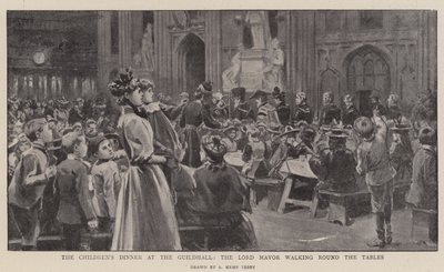 O jantar infantil no Guildhall, o prefeito andando em volta das mesas de Arthur Kemp Tebby