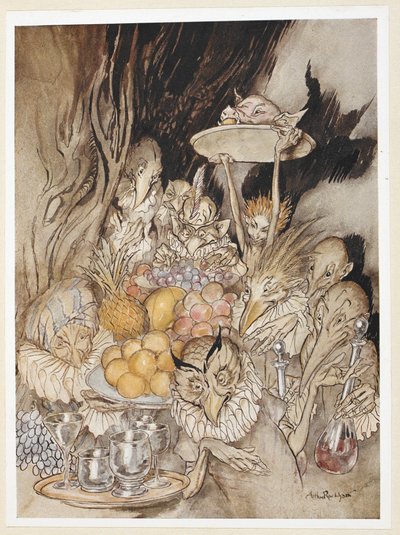 ACT III: Cena III, linha 19
Entrar em várias Formas Estranhas, trazendo um banquete ...
convidando o Rei, etc., a comer. de Arthur Rackham