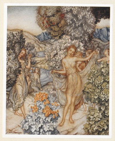 ACT IV: Cena I, linha 132
Venha, ninfas temperadas, e ajude a celebrar
Um contrato de amor verdadeiro.
Prospero instrui Ariel a deixar roupas garridas numa árvore para tentar os homens. de Arthur Rackham