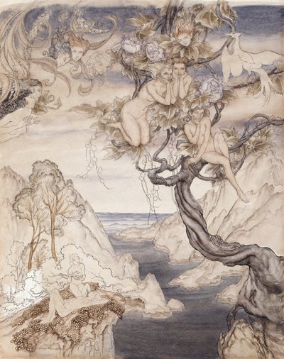 Uma Canção de Fada, desenhada para o Ato II, cena ii, de Um Sonho de Uma Noite de Verão (caneta e tinta e wc no papel) de Arthur Rackham