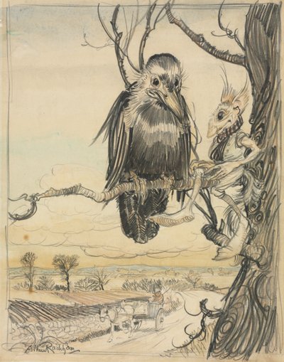Um esquilo e um corvo de Arthur Rackham