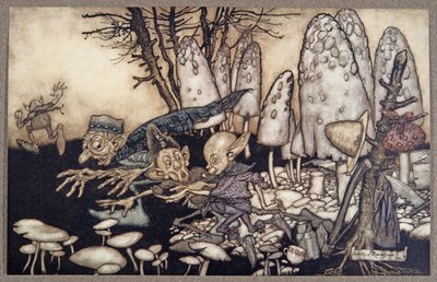 Um bando de operários que estava cortando um cogumelo saiu correndo e deixando suas ferramentas para trás, de Peter Pan em Kensington Gardens, de JM Barrie (1860 - 1937), pub. 1906 de Arthur Rackham