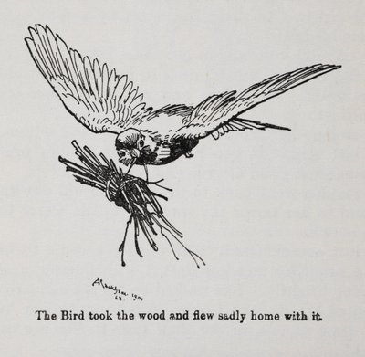 Um pássaro carregando um feixe de galhos. de Arthur Rackham
