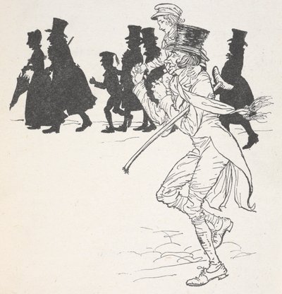 Um rapaz a ser carregado nos ombros de um homem de Arthur Rackham