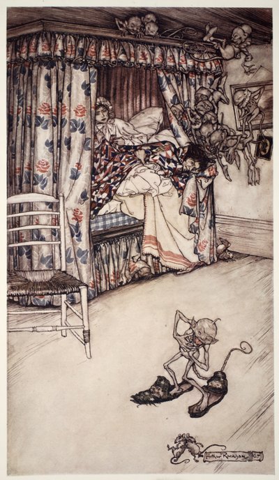 Uma palestra de cortinas vale todos os sermões do mundo por ensinar as virtudes da paciência e longanimidade. de Rip Van Winkle por Washington Irving, pub. 1910 de Arthur Rackham