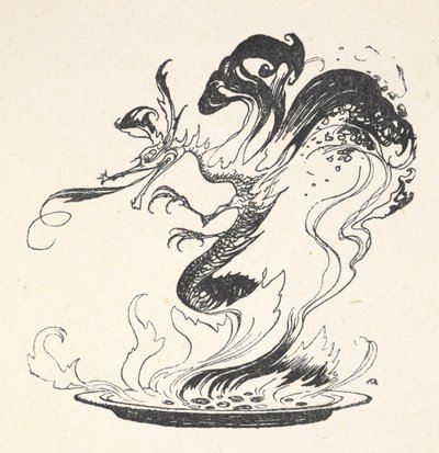Um dragão emergindo de um prato de dinheiro queimado de Arthur Rackham