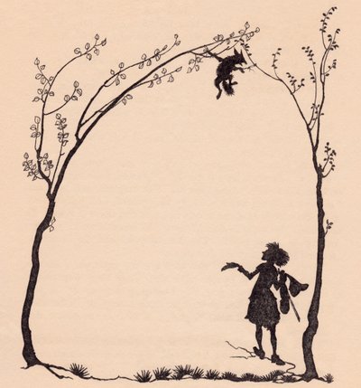 Uma raposa amarrada pelas suas patas a duas aveleiras. Ilustração de Arthur Rackham de Grimm