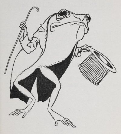 Um sapo de chapéu e cauda, carregando uma bengala. de Arthur Rackham