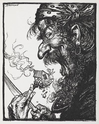 Um homem grande a comer uma senhora minúscula e a sua casa. de Arthur Rackham