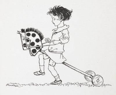 Uma menina num cavalo de passatempo de brinquedo. de Arthur Rackham