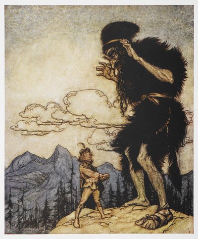 Um homem e um gigante de The Valiant Tailor de Arthur Rackham