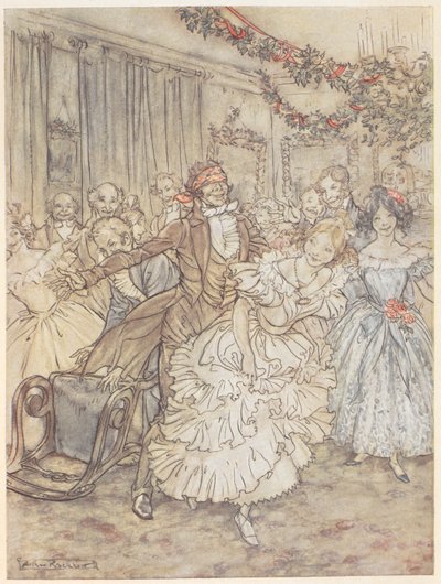 Uma festa a jogar ao bluff de um cego. Um homem com um vestido de cego persegue uma mulher com um vestido de babado de Arthur Rackham