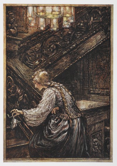 Uma princesa carregando um sapo do Príncipe das Rãs. de Arthur Rackham