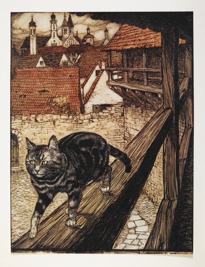 Um gato tabby a andar ao longo do carril de madeira de um edifício. de Arthur Rackham