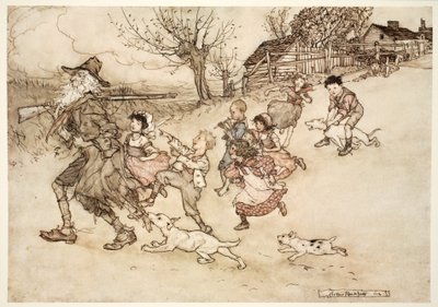 Uma tropa de crianças estranhas correu atrás dele, gritando atrás dele e apontando para sua barba grisalha, de Rip Van Winkle de Washington Irving, pub. 1910 de Arthur Rackham