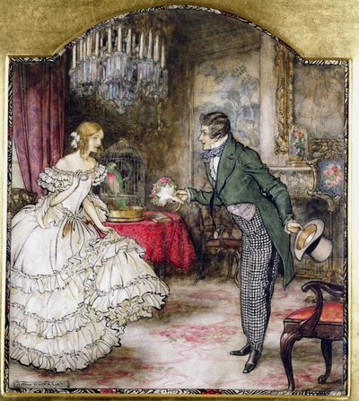 Um, homem jovem, apresentando, um, buquet, para, um, menina, ficar, em, um, sala de estar, (wc, com, caneta, &, tinta, ligado, paper) de Arthur Rackham