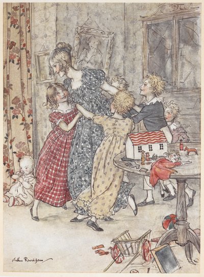 Uma mulher jovem e crianças a dançar à volta de uma sala de jogos cheia de brinquedos de Arthur Rackham