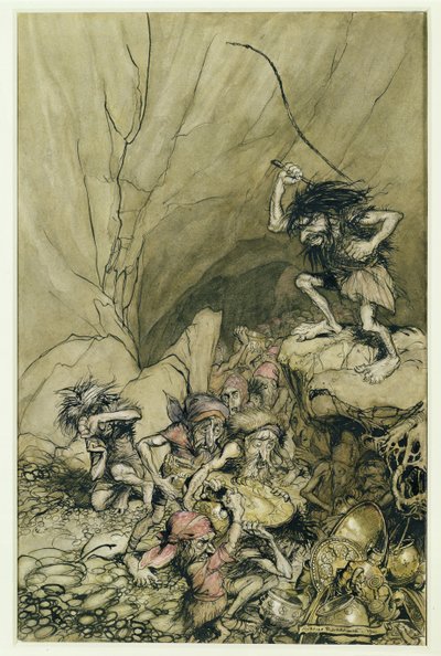 Alberich dirige em uma banda de Nibelungos carregados com ouro e prata tesouro, uma ilustração do Rheingold e Valquíria por Richard Wagner (1813-83) pub. 1910 (caneta e tinta, wc) de Arthur Rackham