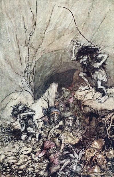 Alberich dirige em um bando de Niblungs carregado de ouro e prata. Ilustração para o Rhi de Arthur Rackham