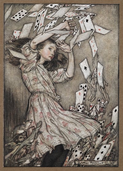 Alice e o maço de cartas em queda de Arthur Rackham