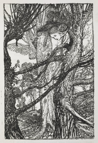 Alice como uma serpente a falar com um pombo de Arthur Rackham