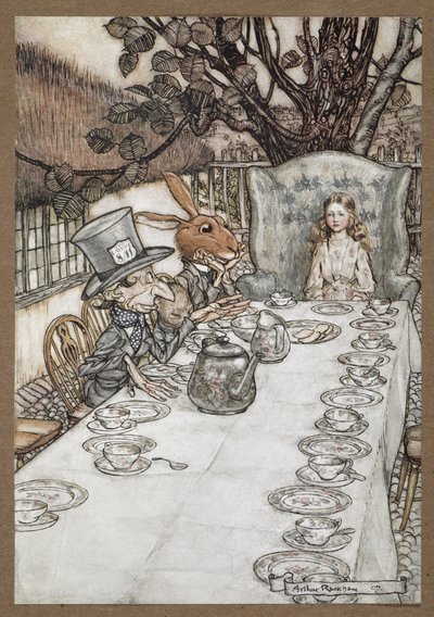 Alice na Festa do Chá do Chapeleiro Louco com a Lebre de Março, o Dormitório e o Chapeleiro Louco de Arthur Rackham