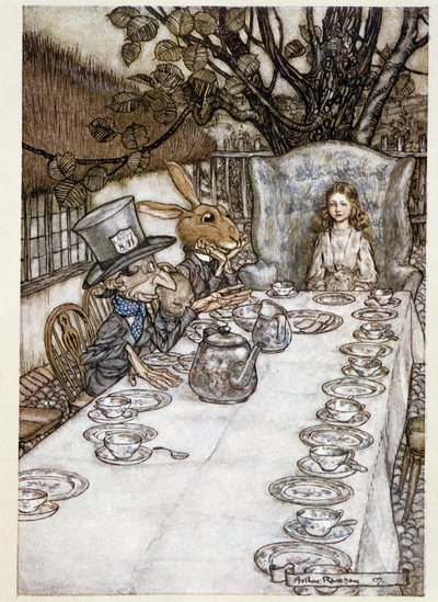 Alice toma o "nos tolos" (The Hatter and the Mars Lievre) - em "The Adventures of Alice in Wonderland", Lewis Carroll, doente. por Arthur Rackham (1867-1939) de Arthur Rackham
