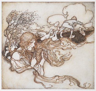 Uma ilustração de uma rapariga escovando o seu cabelo com gansos e um rapaz ao fundo, de The Goosegirl. de Arthur Rackham