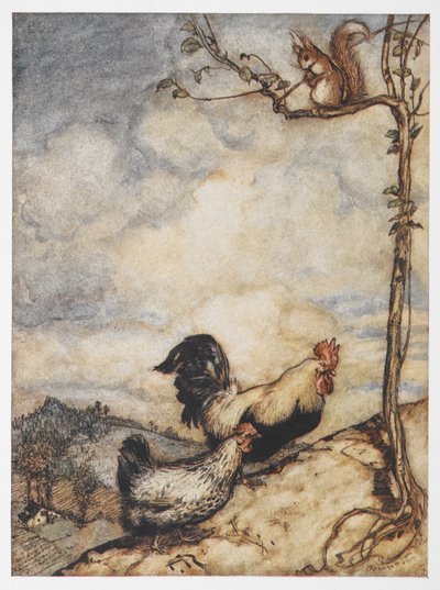 Uma ilustração de uma galinha, galo e esquilo de As Aventuras de Chanticleer e Partlet. de Arthur Rackham