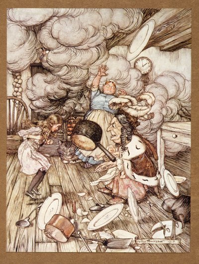 Uma panela extraordinariamente grande voou perto dele, e quase a carregou, de Alices Adventures in Wonderland, de Lewis Carroll, pub.1907 de Arthur Rackham