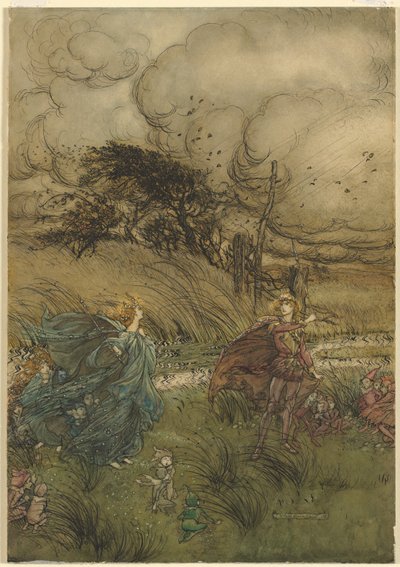 "E agora eles nunca se encontram no bosque ou no verde", do ato 2, cena 1 de Sonho de uma noite de verão, de William Shakespeare de Arthur Rackham