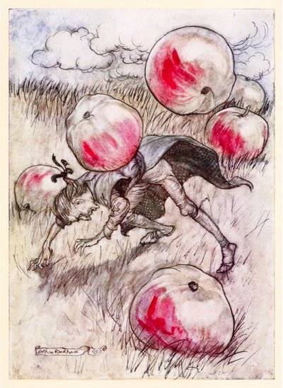 Maçãs vieram caindo sobre meus ouvidos da Parte II: Uma Viagem para Brobdingnag em Gullivers Viaja por Jonathan Swift de Arthur Rackham