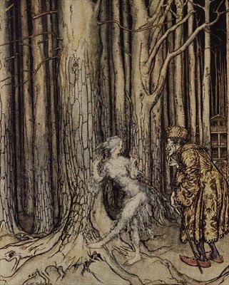 Finalmente ela encontrou o Noivo que estava voltando devagar, ilustração para Fitchers Bird de Little Brother, Little Sister pelos Irmãos Grimm, 1917 (wc, caneta e tinta) de Arthur Rackham