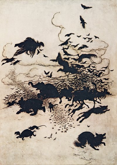 Na terceira picada, a raposa gritou e desceu o rabo entre as pernas ..., de Os contos de fada dos irmãos Grimm, pub. 1909 de Arthur Rackham