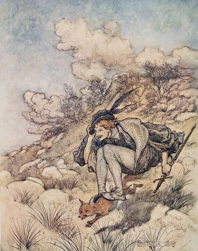 Fora eles voaram sobre o caldo e a pedra, a tal passo que seus cabelos assobiavam ao vento, de Os contos de fada dos irmãos Grimm, pub. 1909 de Arthur Rackham