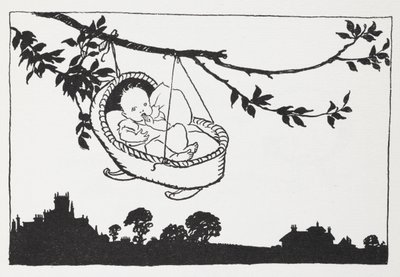 Bebé num berço pendurado num galho. de Arthur Rackham